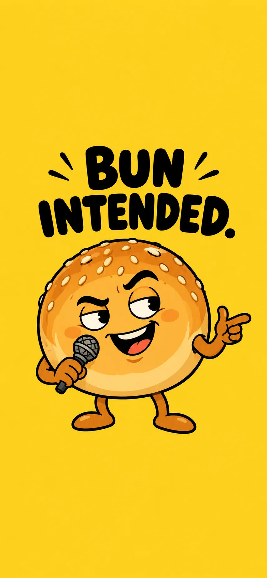 Sesame bun mascot singing into a microphone, with the words Bun Intended