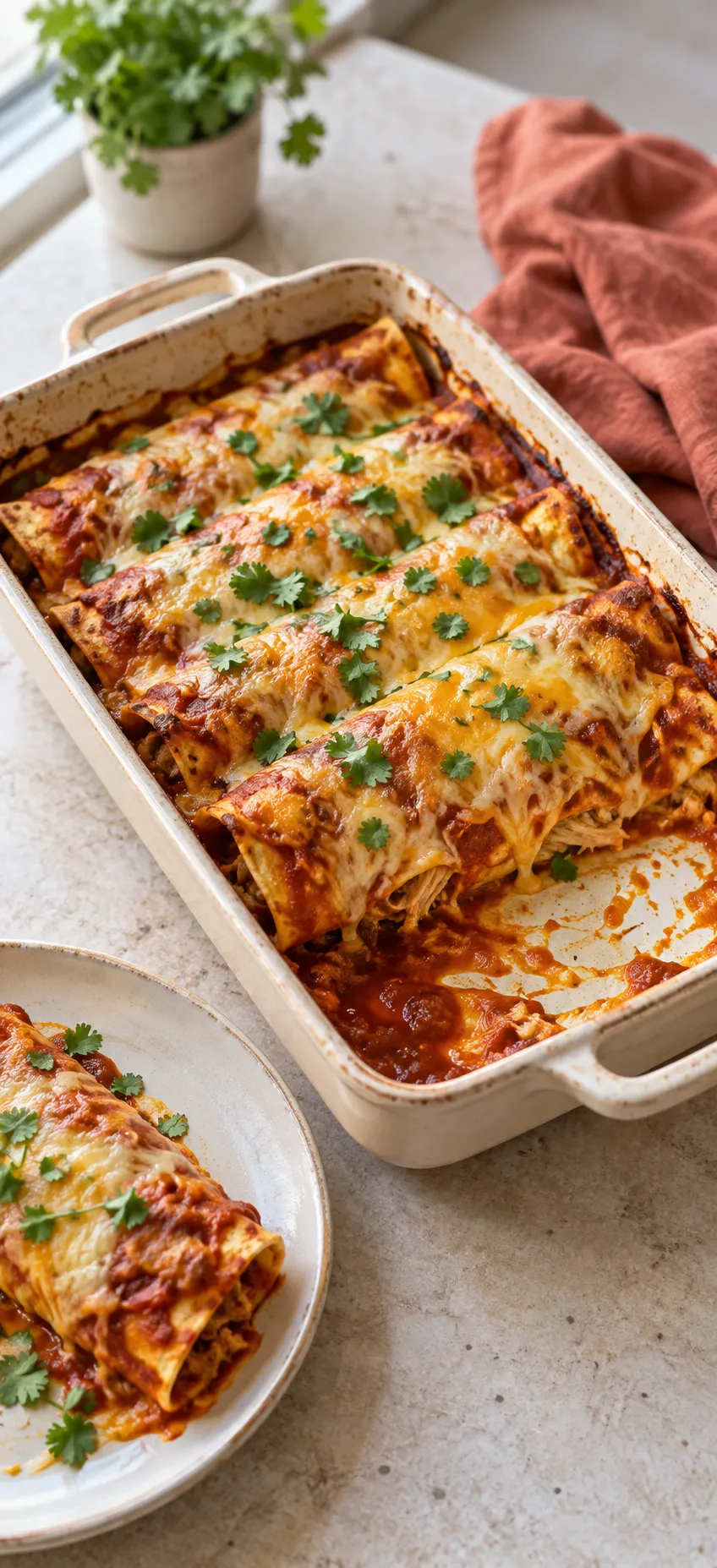 Baked enchiladas in a white baking dish, one served on a plate beside it