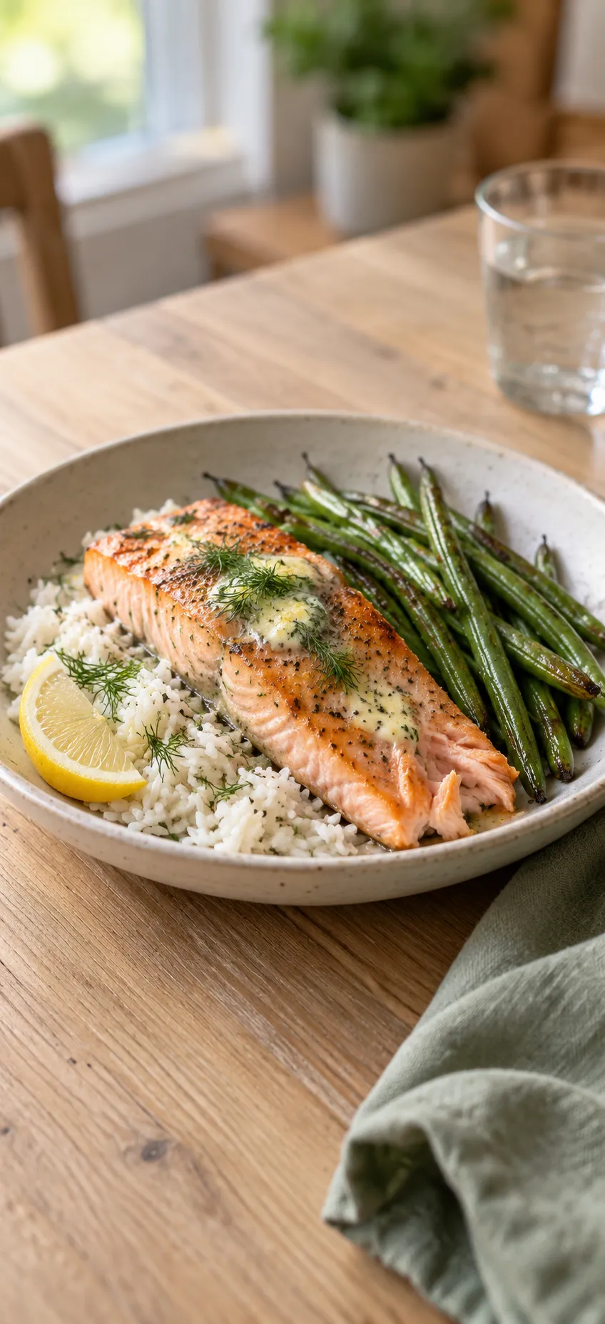 Salmon fillet with herb butter and dill, rice, green beans and a lemon wedge in a bowl