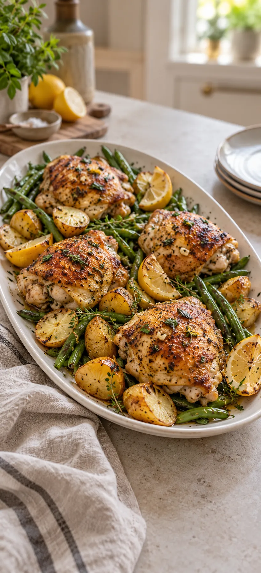 Roasted chicken thighs with green beans, potatoes and lemon on an oval platter