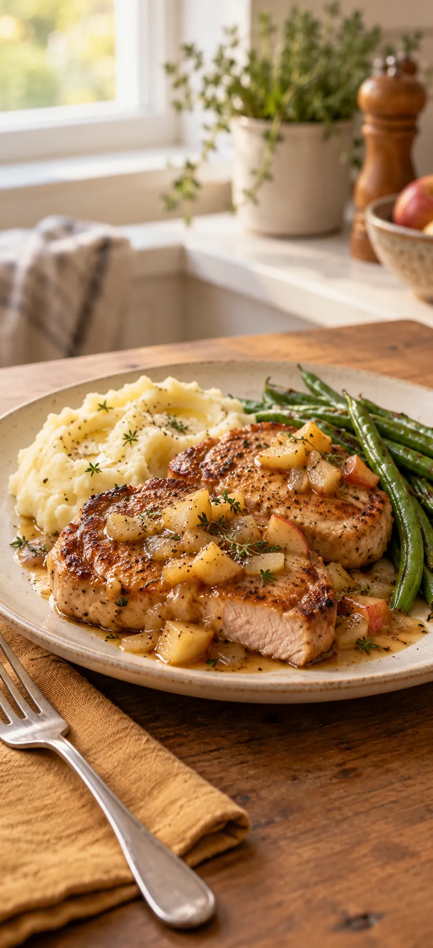 Pork chops with diced apples and pan sauce, mashed potatoes and green beans on a plate