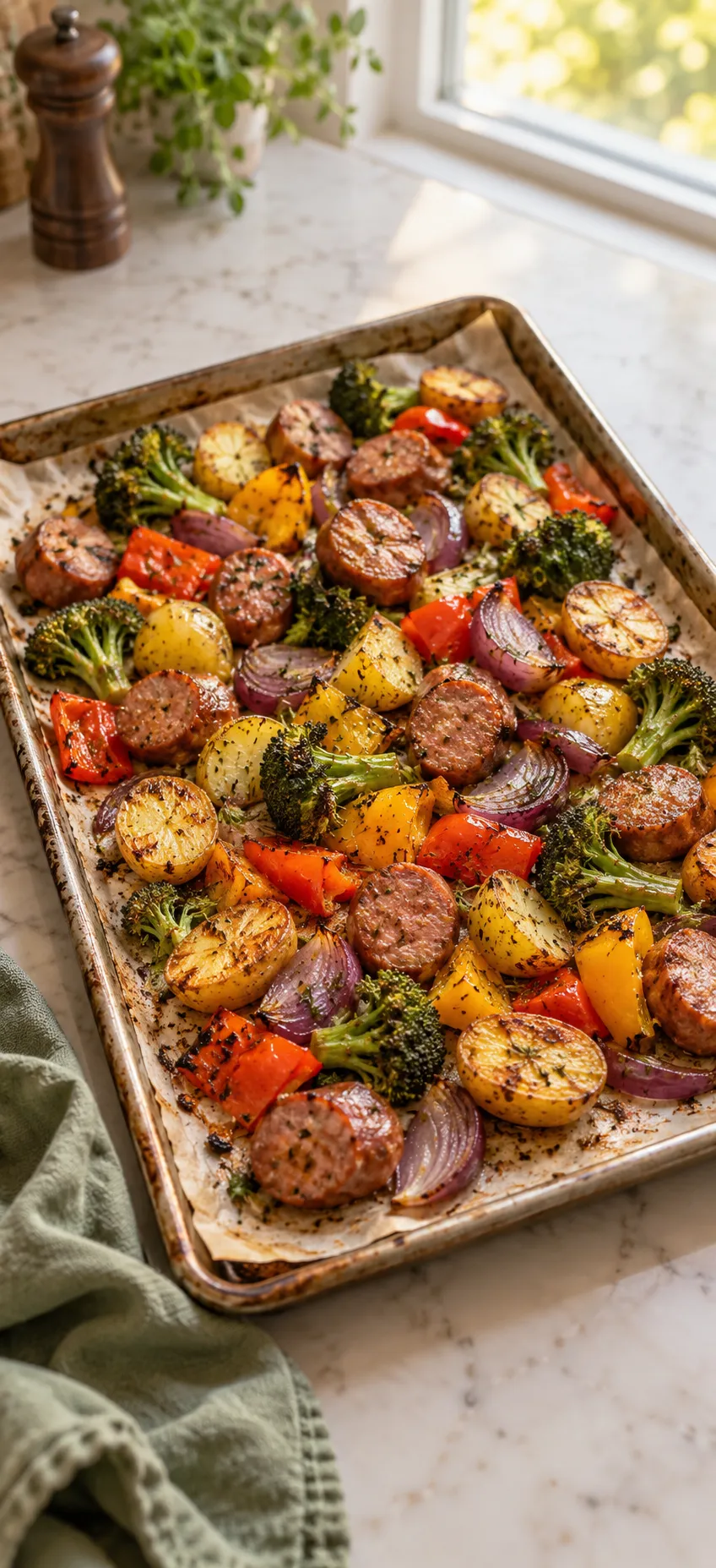 Sheet pan of sausage, potatoes, broccoli, peppers and red onion