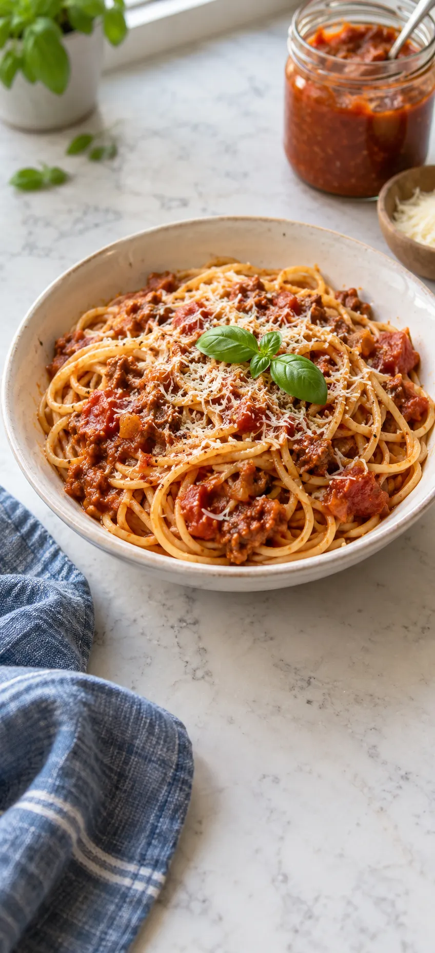 Spaghetti with meat sauce, Parmesan and basil in a bowl, jar of sauce behind