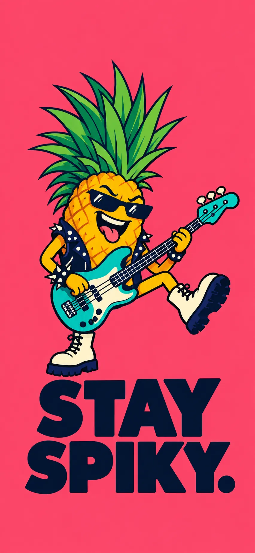 Punk pineapple in sunglasses playing a bass guitar, with the words Stay Spiky