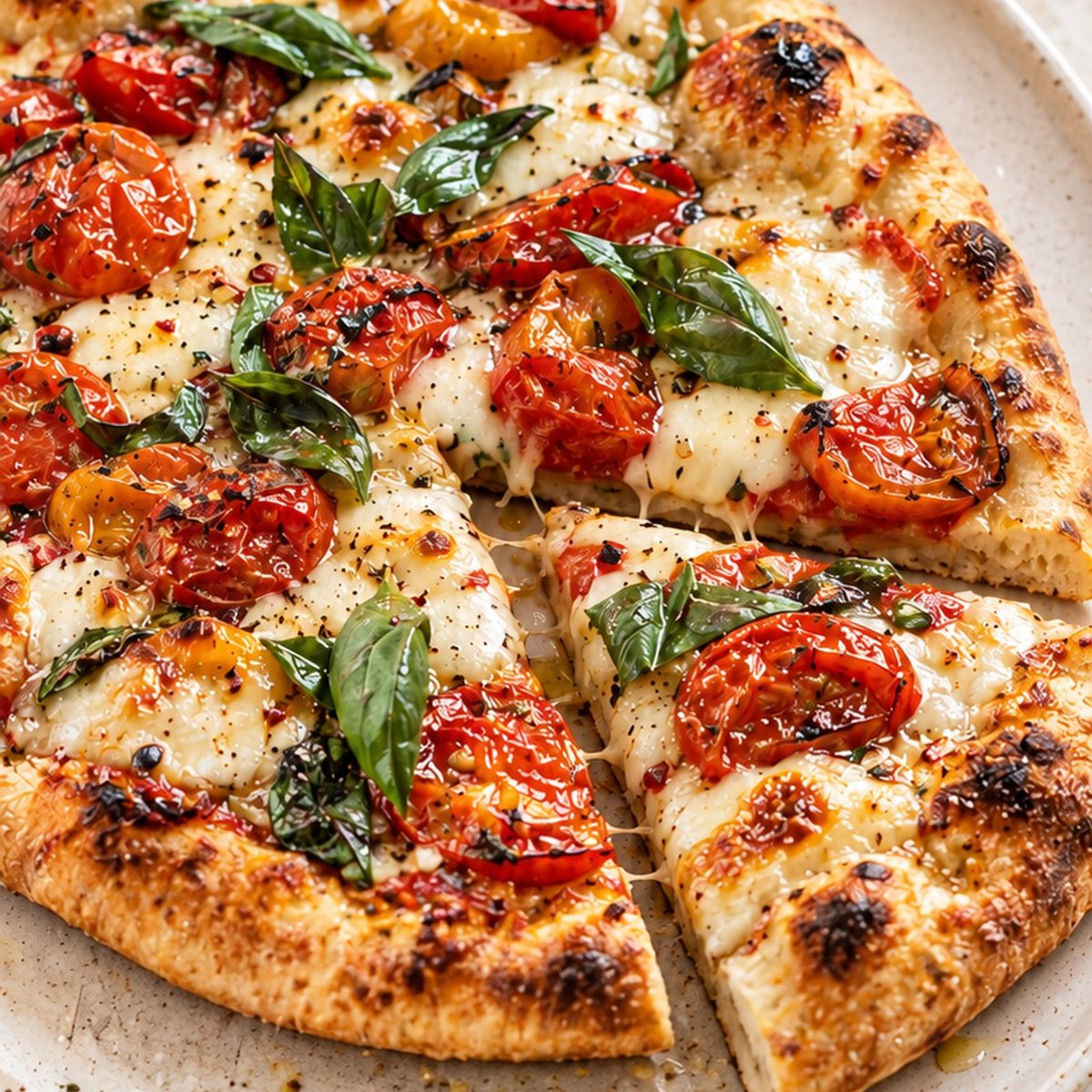 Roasted cherry tomato pizza with fresh mozzarella and basil on a cream plate, one slice pulled away
