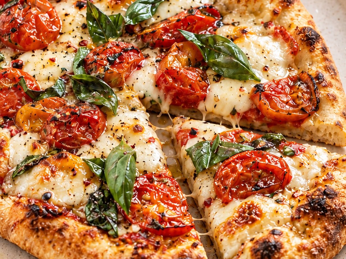 Roasted cherry tomato pizza with fresh mozzarella and basil on a cream plate, one slice pulled away
